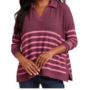 Maurices Women's L Pink Burgundy Striped‎ Collared Polo Relaxed Preppy Top